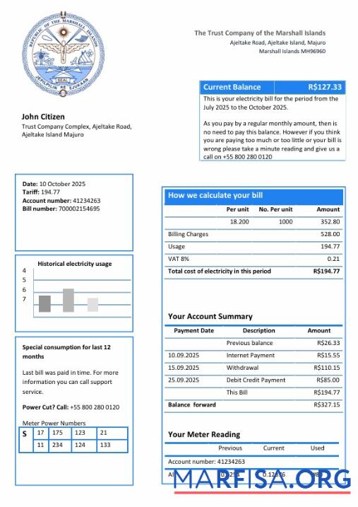Blank Marshall Islands electricity utility bill download for verification